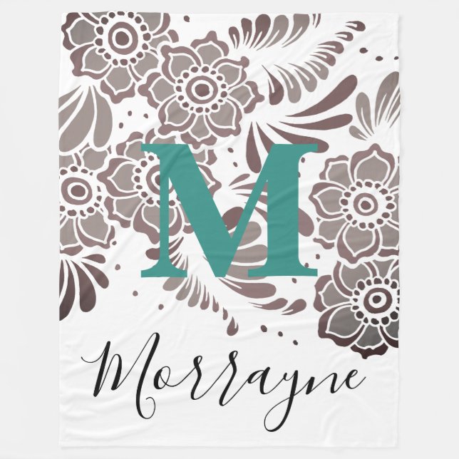 Boho Chic Floral Pattern Turquoise & Grey Monogram Fleece Blanket (Front)