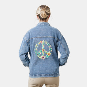 Boho Chic Floral Peace Sign Blue Jean Coat Denim Jacket