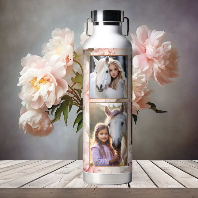 Boho Chic Floral Photo Water Bottle (Mom or grandma water bottle featuring your photos on an elegant flower design in lovely pink)