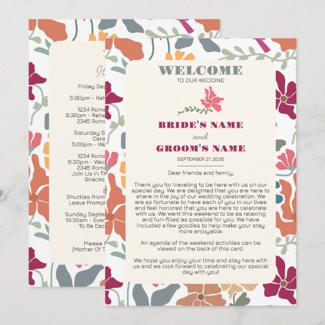 Boho Chic Floral Retro Wedding Itinerary Program (Front/Back)