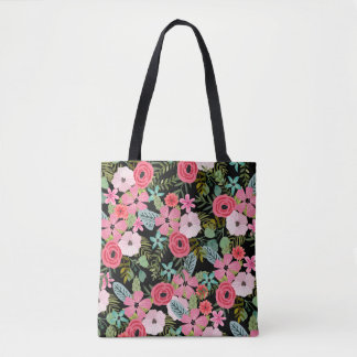 Boho chic floral tote bag Black pink
