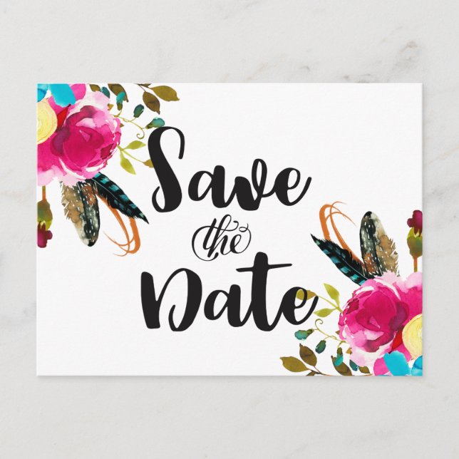 Boho Chic Floral Watercolor Wedding Save the Date Announcement Postcard (Front)