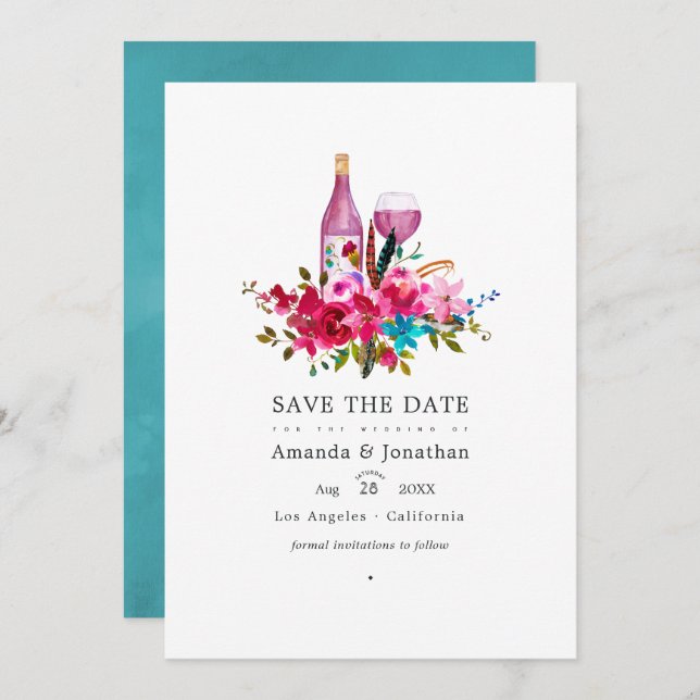 Boho Chic Floral Wine Tasting Wedding Photo Save The Date (Front/Back)