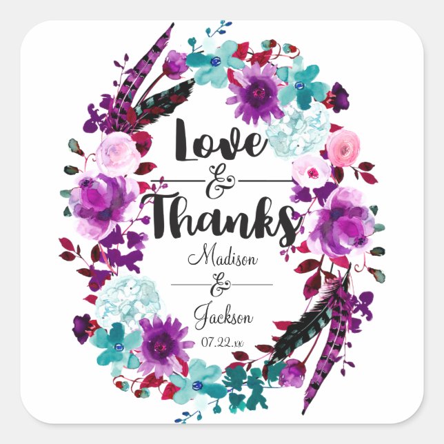 Boho Chic Floral Wreath Purple Love & Thanks Favou Square Sticker (Front)