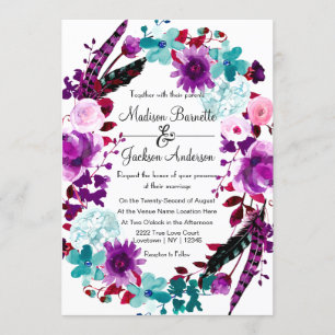 Boho Chic Floral Wreath Purple Wedding Invitation