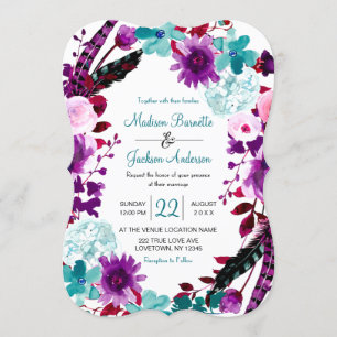 Boho Chic Floral Wreath Purple Wedding Invitation