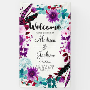 Boho Chic Floral Wreath Purple Wedding Welcome Banner