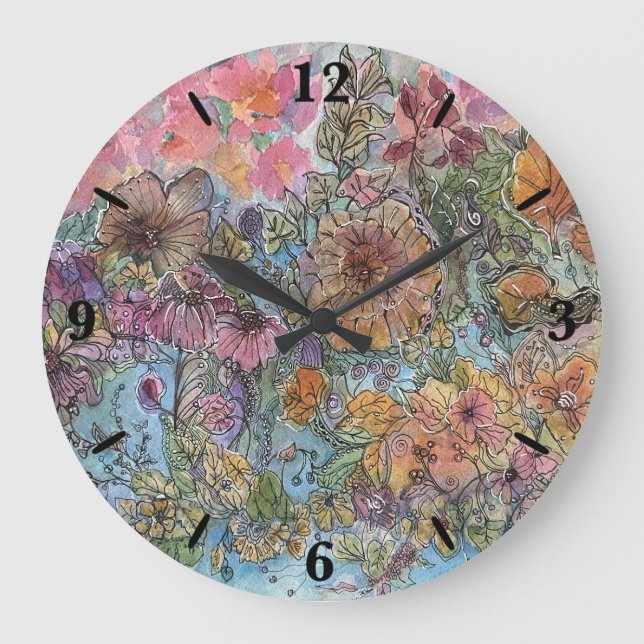 Boho Chic Flower Garden Watercolor Painting  Large Clock (Front)