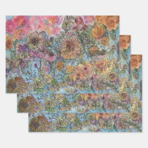 Boho Chic Flower Garden Watercolor Painting  Wrapping Paper Sheet