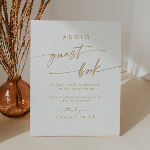 Boho Chic Gold and White Audio Guestbook Wedding Pedestal Sign