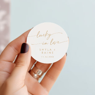 Boho Chic Gold and White Lucky In Love Favour Classic Round Sticker