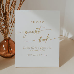 Boho Chic Gold and White Photo Guest Book Wedding Pedestal Sign