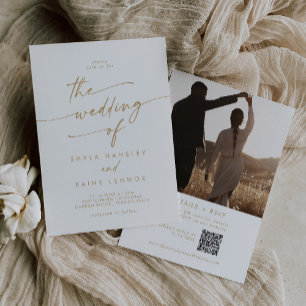 Boho Chic Gold and White Photo QR Code Wedding Invitation