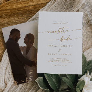 Boho Chic Gold and White Photo Spanish Wedding Invitation