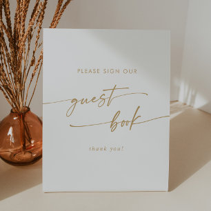 Boho Chic Gold and White Wedding Guest Book Pedestal Sign
