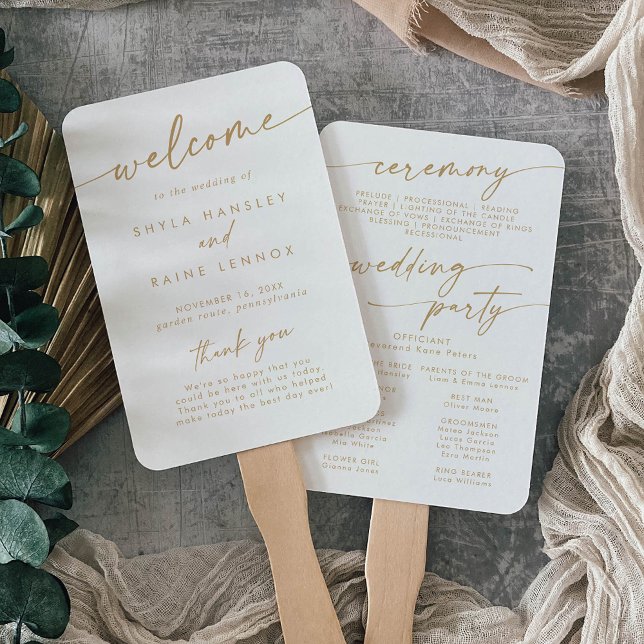 Boho Chic Gold and White Wedding Program Hand Fan (Creator Uploaded)