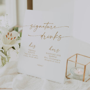 Boho Chic Gold and White Wedding Signature Drinks Pedestal Sign