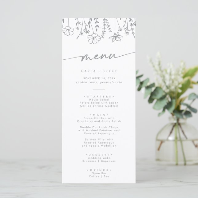 Boho Chic Gray and White Wildflower Wedding Menu (Standing Front)