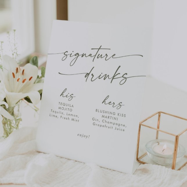 Boho Chic Green and White Wedding Signature Drinks Pedestal Sign (Creator Uploaded)