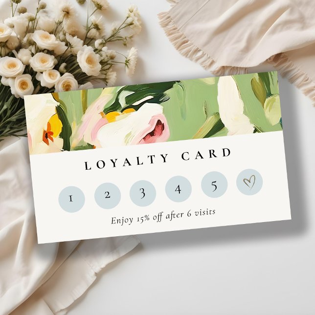 Boho Chic Green Pink Painted Floral Loyality  Business Card (Creator Uploaded)