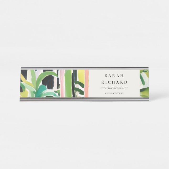Boho Chic Green Tropical Leafy Foliage Botanical Desk Name Plate (Front)