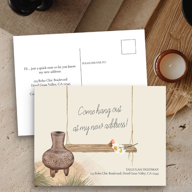 Boho Chic Hang Out at New Address Moving Announcement Postcard (New Address postcard with boho garden swing)