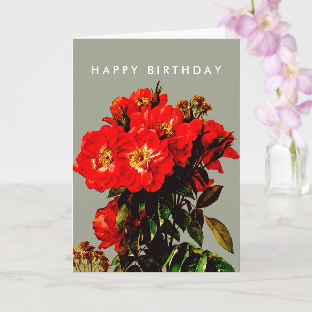Boho Chic Happy Birthday Red Roses Sage Green Card (Orchid)