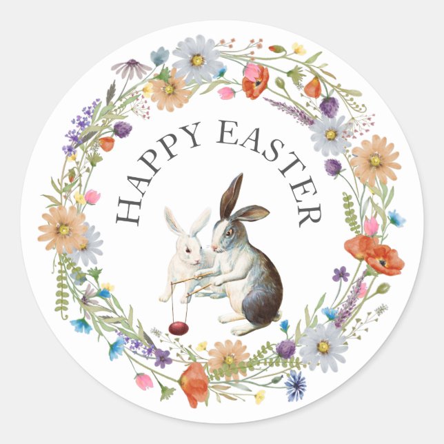 Boho Chic Happy Easter Bunnies Spring Wildflowers Classic Round Sticker (Front)