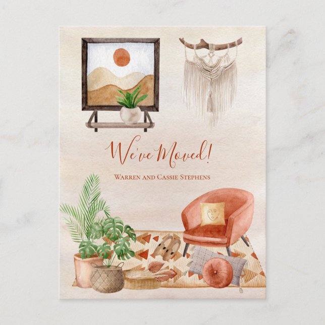 Boho Chic Home Scene Macrame Moving Announcement Postcard (Front)