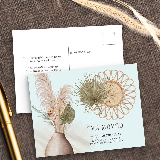 Boho Chic I've Moved Dried Palm and Pampas Moving Announcement Postcard (New Address postcard with boho rattan cane, pampas and dried leaves)