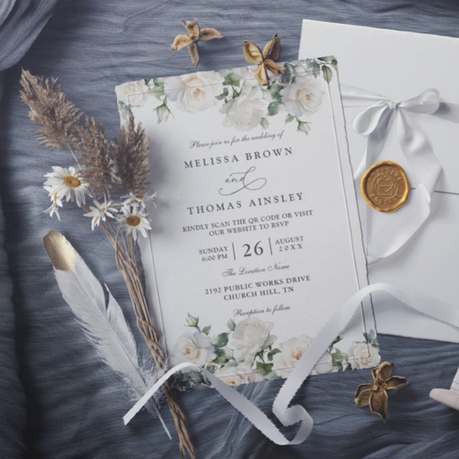 Boho Chic Ivory White Roses Floral QR Code Wedding Invitation (Creator Uploaded)