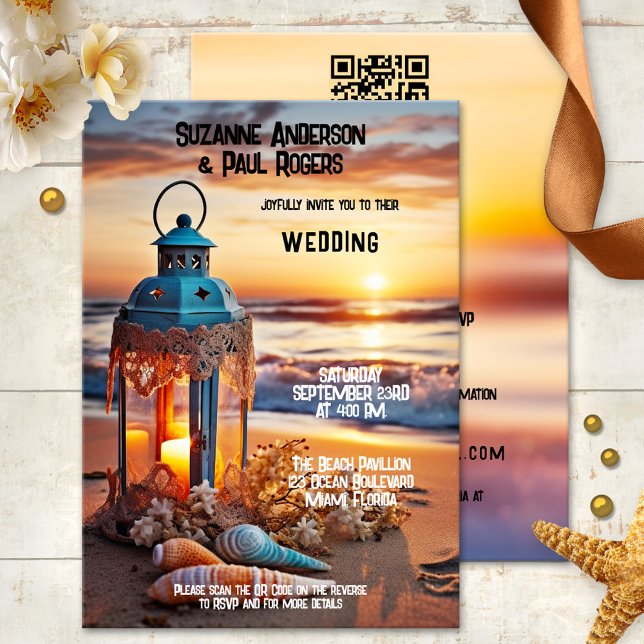 Boho Chic Lantern Sunset Beach QR Wedding Invitation (Boho chic all-in-one wedding invitation featuring a lantern on the beach at sunset - with QR code)
