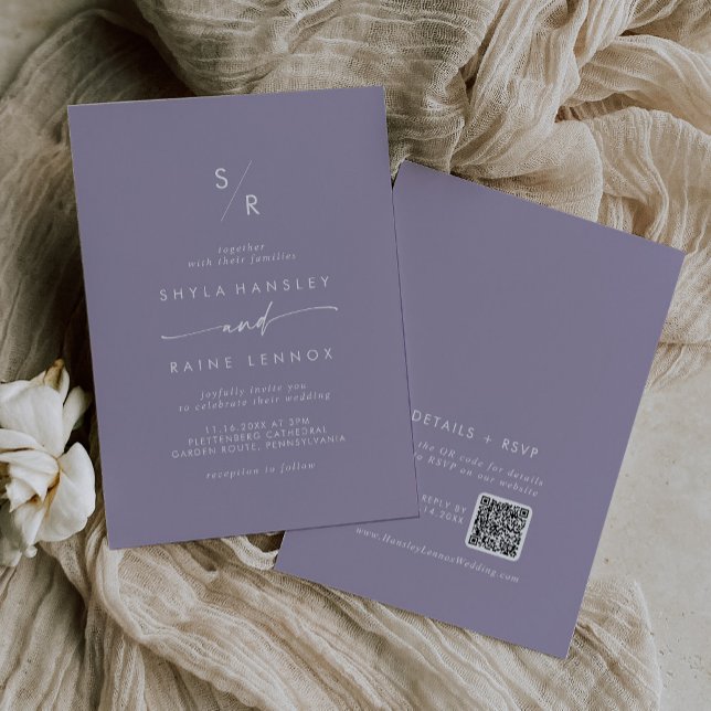 Boho Chic Lavender Purple Monogram QR Code Wedding Invitation (Creator Uploaded)