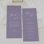 Boho Chic Lavender Purple Thank You and Wedding Menu<br><div class="desc">This boho chic lavender purple thank you and wedding menu is perfect for a minimalist wedding. The colourful dusty purple modern bohemian design features simple rustic calligraphy with a unique yet classic style. Personalise the back of your menu table card with a thoughtful thank you note to your guests, friends...</div>