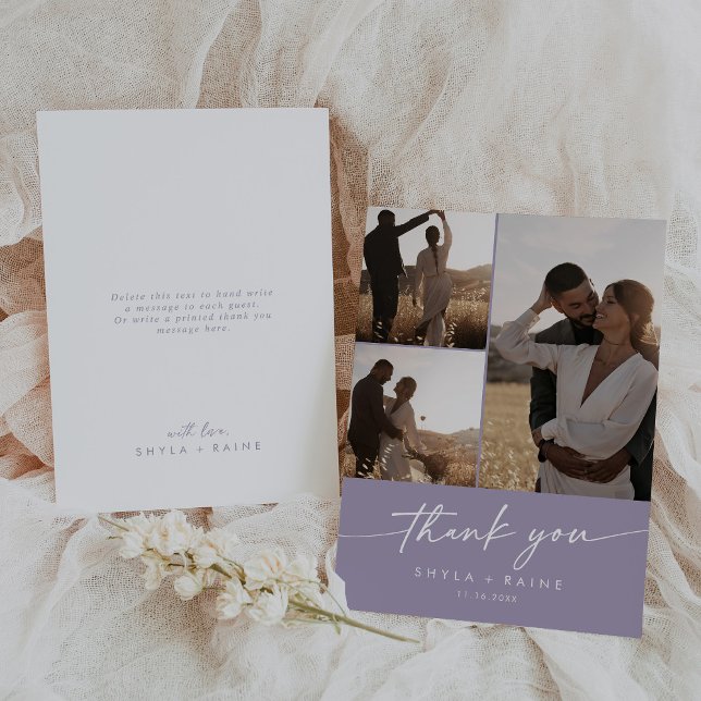 Boho Chic Lavender Purple Wedding Photo Collage Thank You Card (Creator Uploaded)
