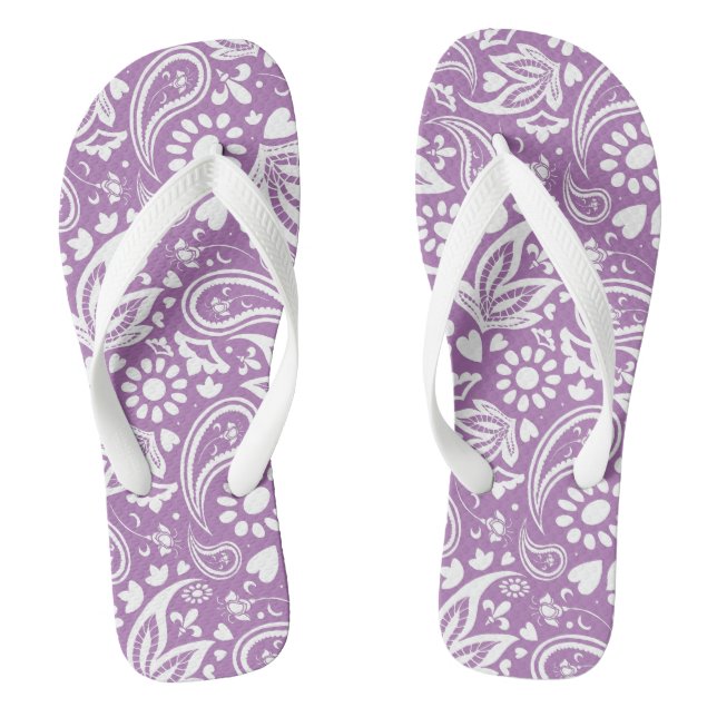 Boho Chic Lavender White Paisley Floral Patterned Thongs (Footbed)