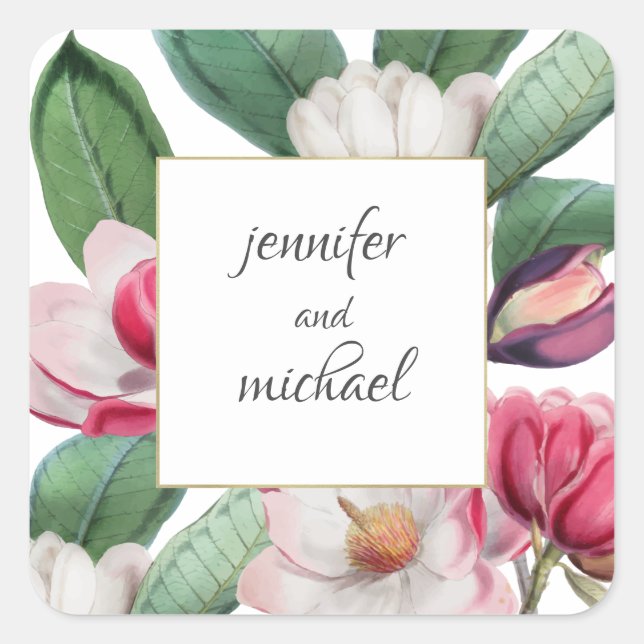 Boho Chic Magnolia Floral Bride and Groom Square Sticker (Front)