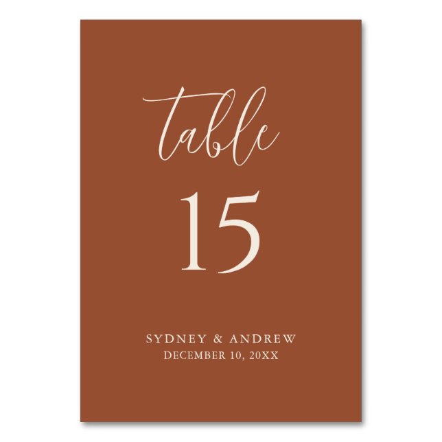 Boho Chic Minimalist Terracotta Wedding Table Number (Front)
