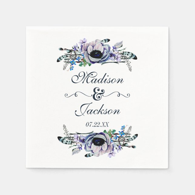 Boho Chic Mint & Navy Floral Monogram Wedding Napkin (Front)