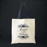 Boho Chic Mint & Navy Floral Wedding Flower Girl Tote Bag<br><div class="desc">Boho Chic Mint & Navy Floral & Feathers With Curly Tail & Stripe Hand Lettered Fonts Wedding Personalised Flower Girl Tote Bag. Check my shop to see the entire wedding suite for this design!</div>