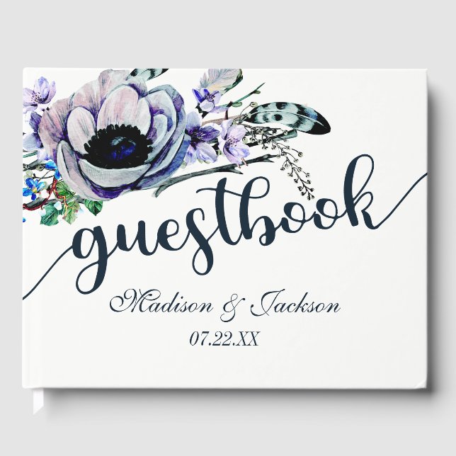 Boho Chic Mint & Navy Floral Wedding Monogram Guest Book (Front)