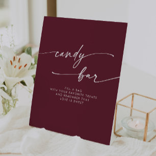 Boho Chic Modern Burgundy Red Candy Bar Wedding Pedestal Sign
