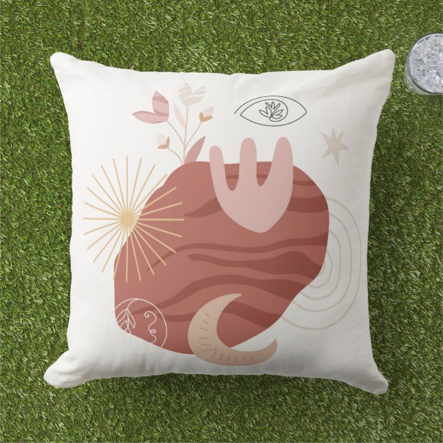 Boho chic moon line art flowers eye sunburst cushion (Grass)