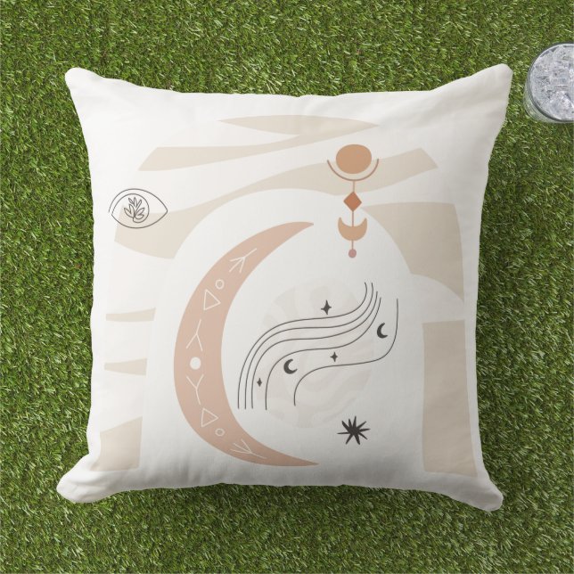 Boho chic moon stars rainbow eye line art  cushion (Grass)