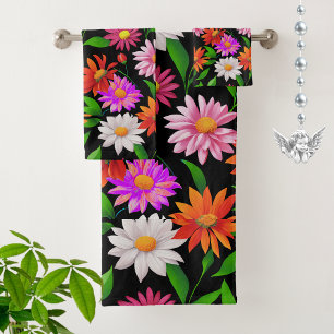 Boho Chic Multicolor Flowers with Leaves on Black Bath Towel Set