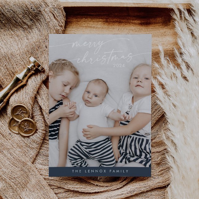 Boho Chic Navy Blue Cute Unique Photo Christmas Holiday Card (Creator Uploaded)