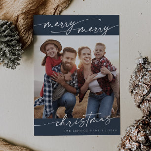 Boho Chic Navy Blue Family Photo Cute Christmas Holiday Card
