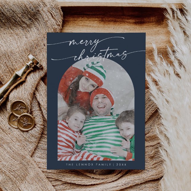 Boho Chic Navy Blue Fun Family Photo Christmas Holiday Card (Creator Uploaded)