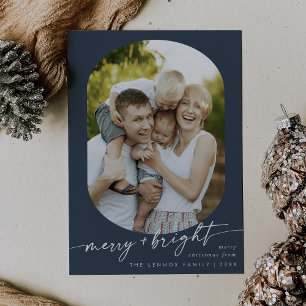 Boho Chic Navy Blue Merry Bright Photo Christmas Holiday Card