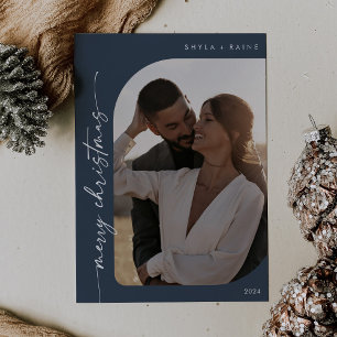 Boho Chic Navy Blue Photo Simple Merry Christmas Holiday Card